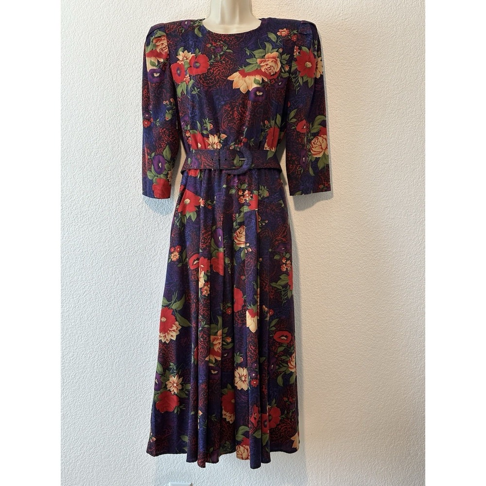 Vintage 90s Midi Dress Pockets Belted Sz 8 Dark Floral Fairy Whimsigoth
